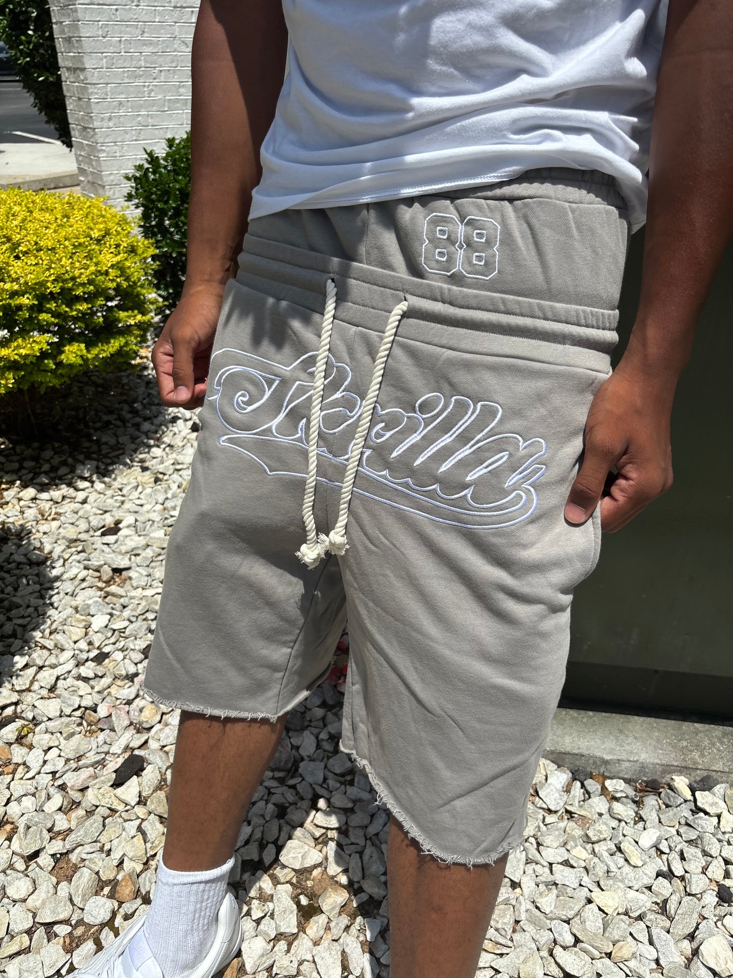 Gray double waisted “Skrilla” shorts
