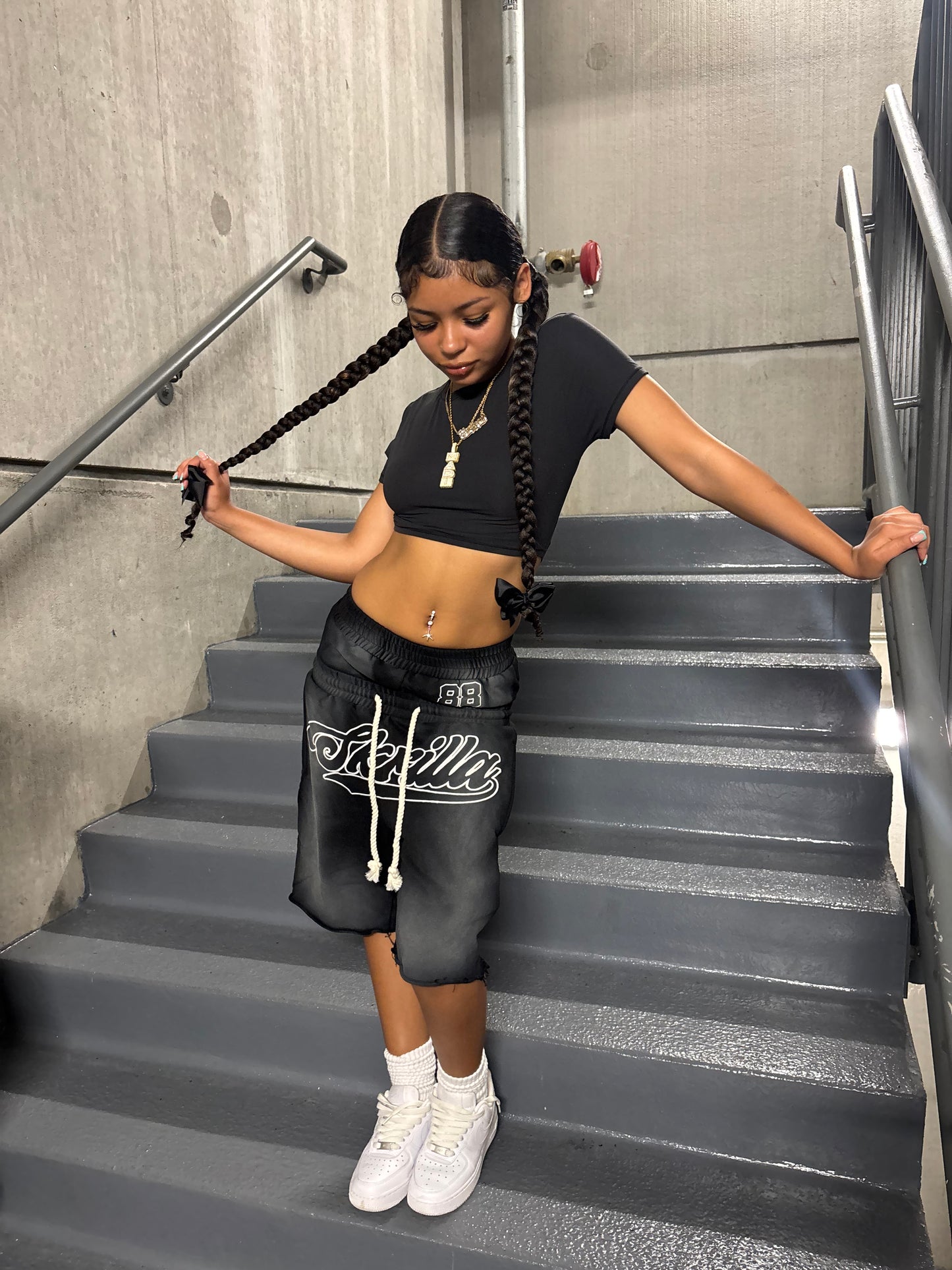 Black double waisted “Skrilla” shorts
